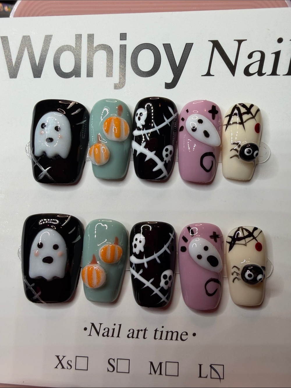 Wdhjoy Halloween Ghost & Pumpkin Press-On Nails - Pink, Black, Green, Cream